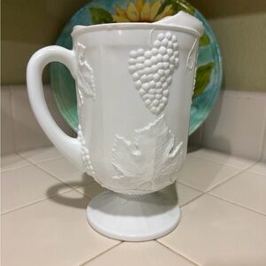 INDIANA GLASS MILK GLASS LARGE PITCHER EMBOSSED LEAVES AND GRAPES TRIP VTG